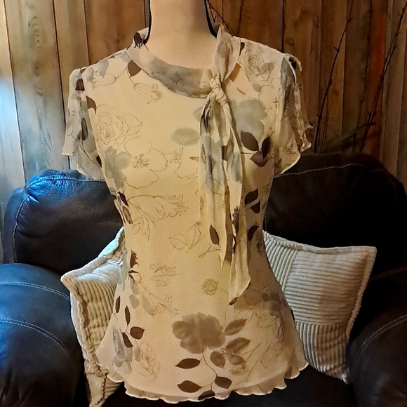 Worthington Silk Floral Chiffon Blouse With Keyhole & Bow Detail Size 8 - Picture 1 of 8